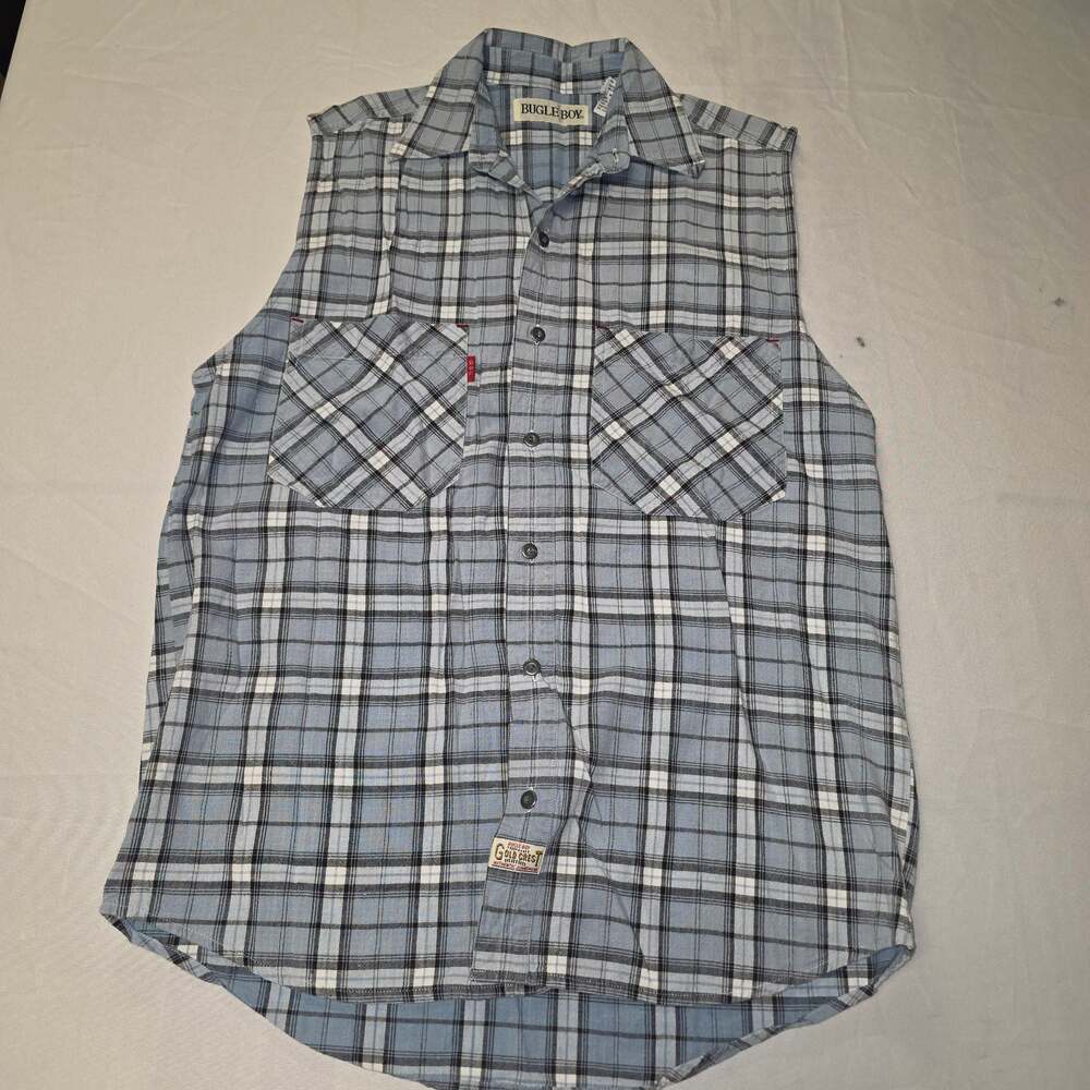 Bugle Boy Gold Crest Vintage Blue Plaid Sleeveless Button Down Shirt Size M